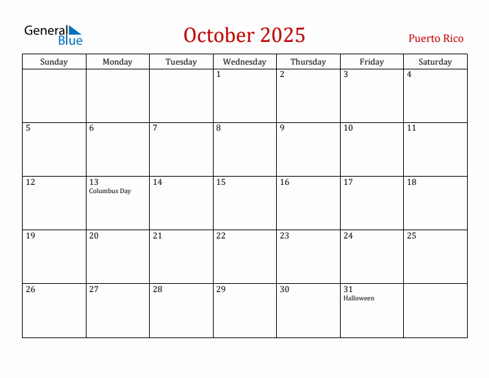 Puerto Rico October 2025 Calendar - Sunday Start
