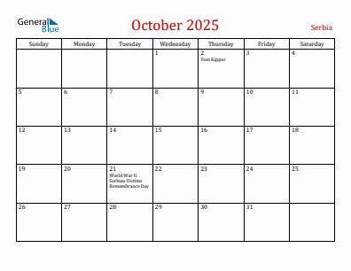 Current month calendar with Serbia holidays for October 2025