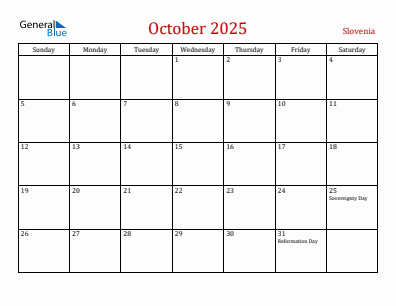 Current month calendar with Slovenia holidays for October 2025