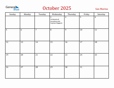 Current month calendar with San Marino holidays for October 2025