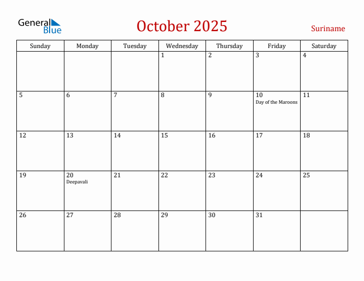 Suriname October 2025 Calendar - Sunday Start