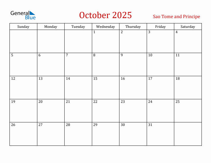 Sao Tome and Principe October 2025 Calendar - Sunday Start