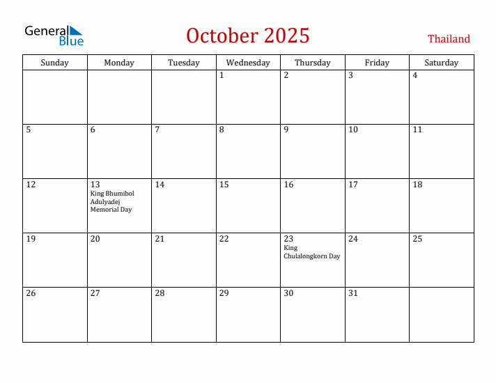 Thailand October 2025 Calendar - Sunday Start