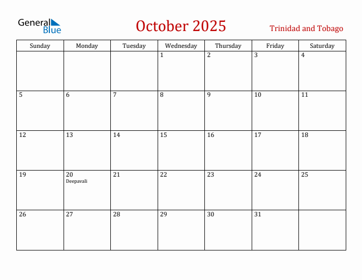 Trinidad and Tobago October 2025 Calendar - Sunday Start