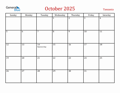 Current month calendar with Tanzania holidays for October 2025