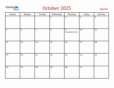 Current month calendar with Uganda holidays for October 2025