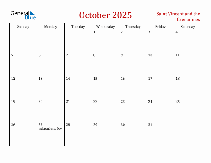 Saint Vincent and the Grenadines October 2025 Calendar - Sunday Start