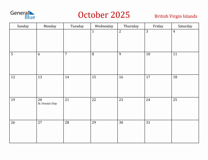 British Virgin Islands October 2025 Calendar - Sunday Start