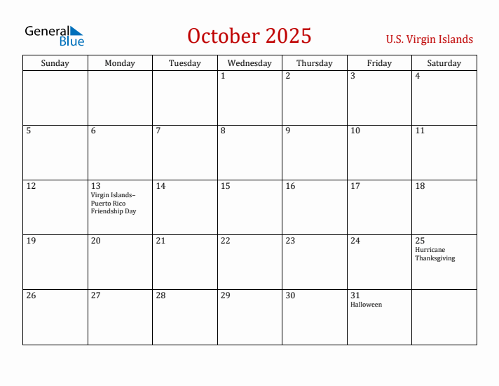 U.S. Virgin Islands October 2025 Calendar - Sunday Start