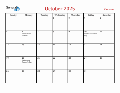 Current month calendar with Vietnam holidays for October 2025