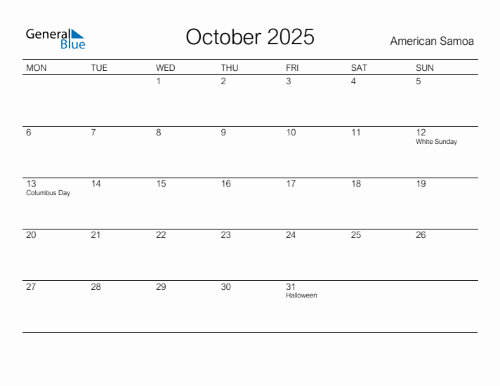 Printable October 2025 Calendar for American Samoa