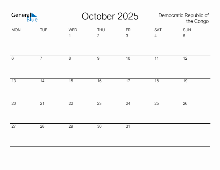 Printable October 2025 Calendar for Democratic Republic of the Congo