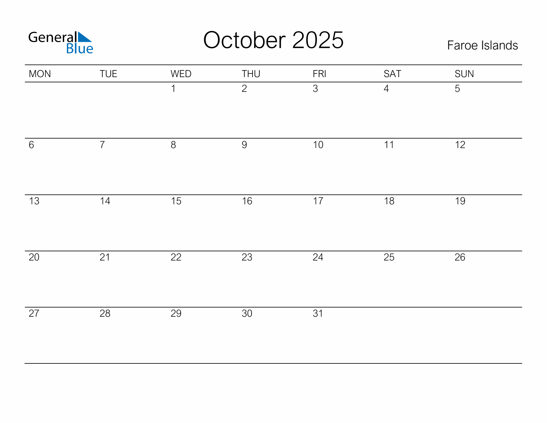 Printable October 2025 Calendar for Faroe Islands