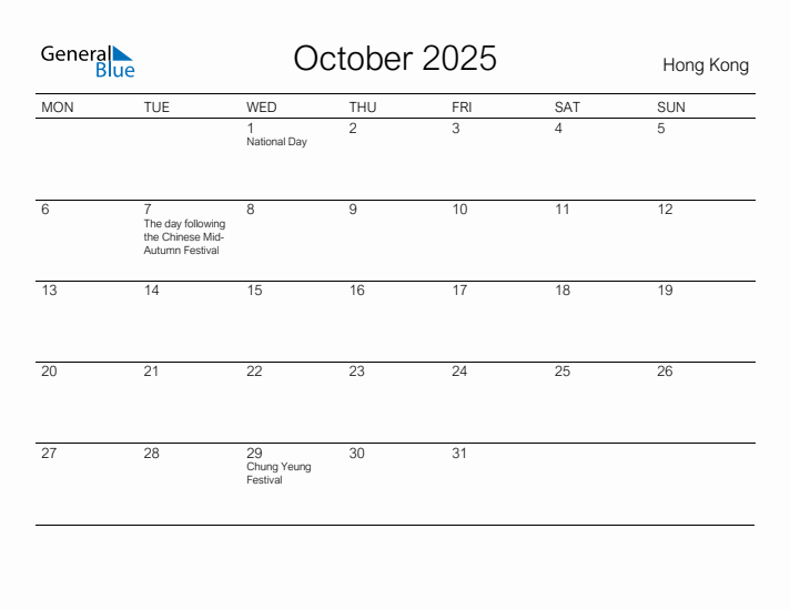 Printable October 2025 Calendar for Hong Kong