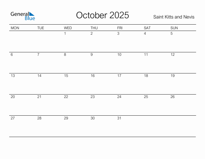 Printable October 2025 Calendar for Saint Kitts and Nevis