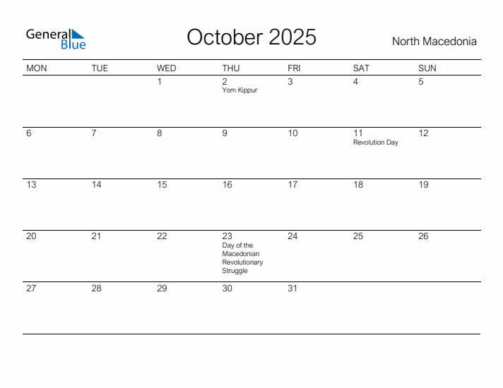 Printable October 2025 Calendar for North Macedonia