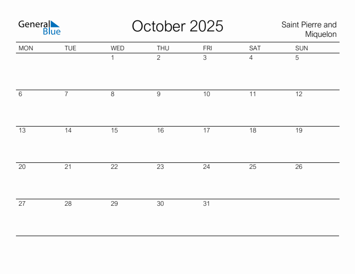 Printable October 2025 Calendar for Saint Pierre and Miquelon