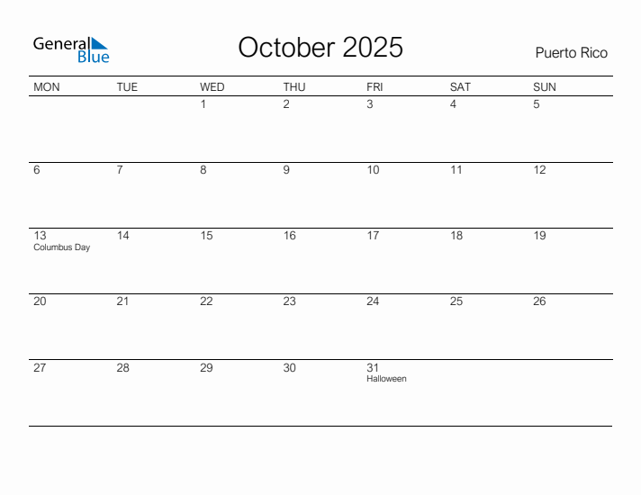 Printable October 2025 Calendar for Puerto Rico