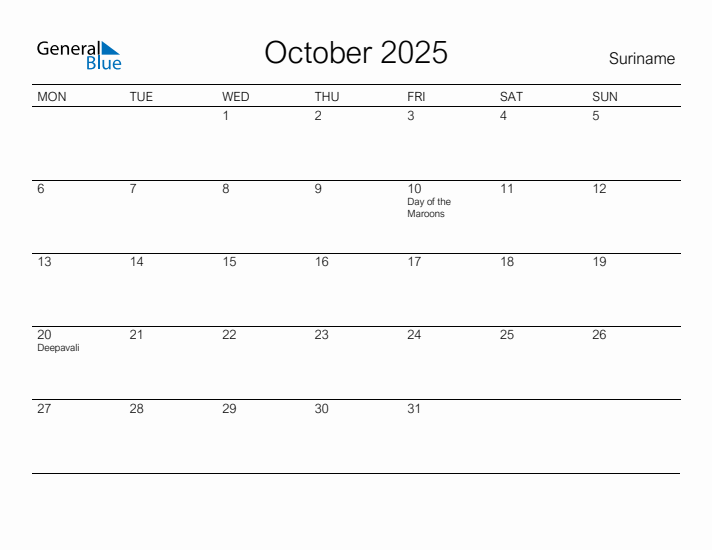 Printable October 2025 Calendar for Suriname