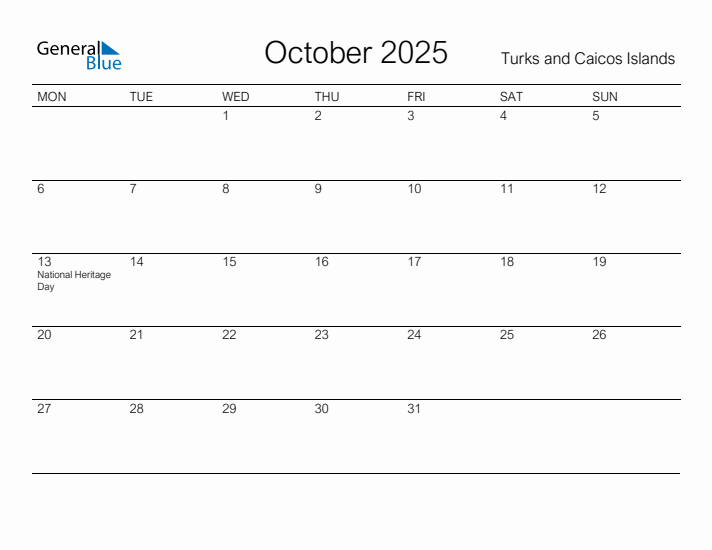 Printable October 2025 Calendar for Turks and Caicos Islands