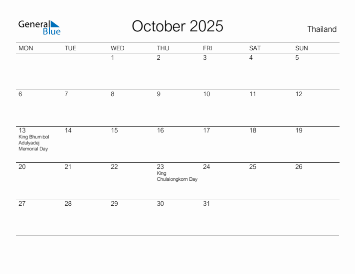 Printable October 2025 Calendar for Thailand