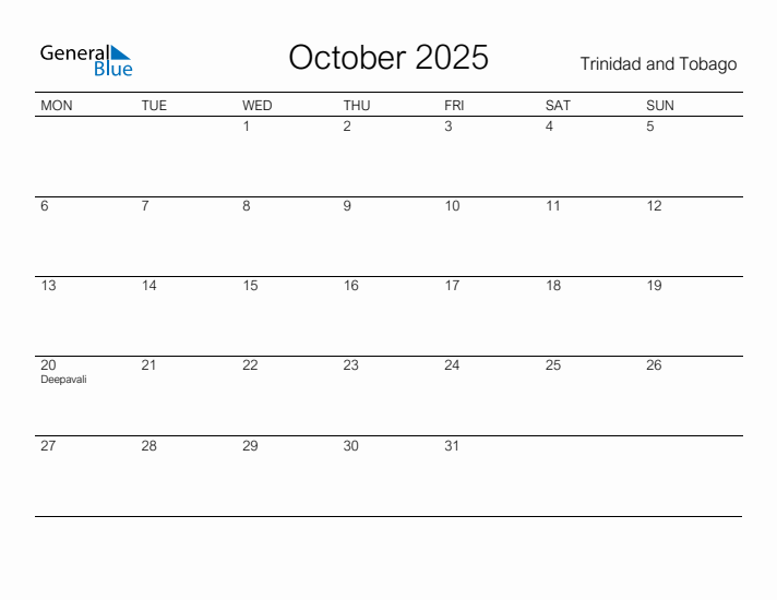Printable October 2025 Calendar for Trinidad and Tobago