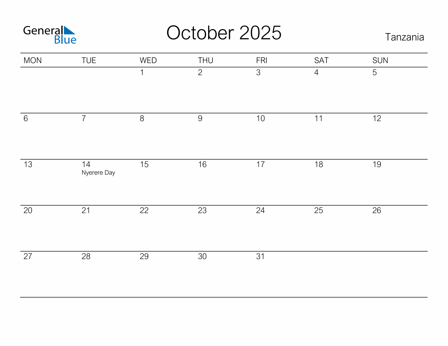 Printable October 2025 Calendar for Tanzania