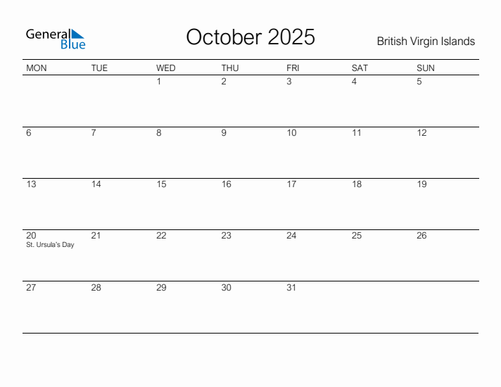 Printable October 2025 Calendar for British Virgin Islands