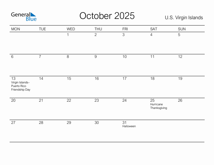 Printable October 2025 Calendar for U.S. Virgin Islands