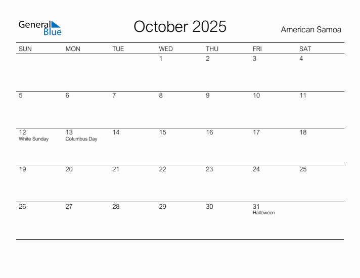Printable October 2025 Calendar for American Samoa