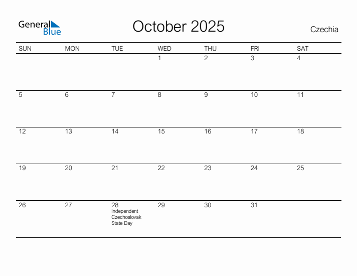 Printable October 2025 Calendar for Czechia