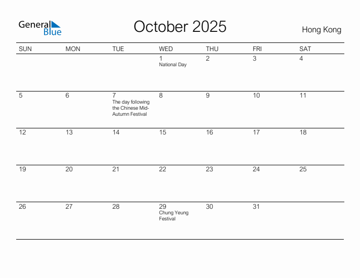 Printable October 2025 Calendar for Hong Kong