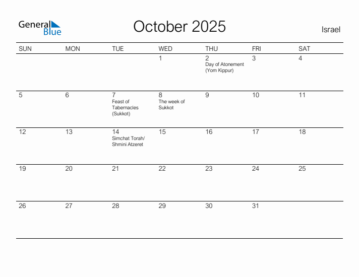 Printable October 2025 Calendar for Israel