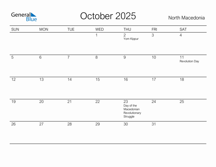 Printable October 2025 Calendar for North Macedonia