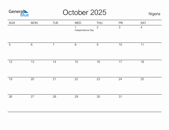 Printable October 2025 Calendar for Nigeria
