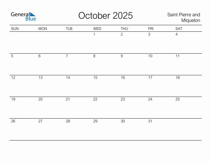 Printable October 2025 Calendar for Saint Pierre and Miquelon
