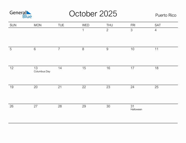 Printable October 2025 Calendar for Puerto Rico