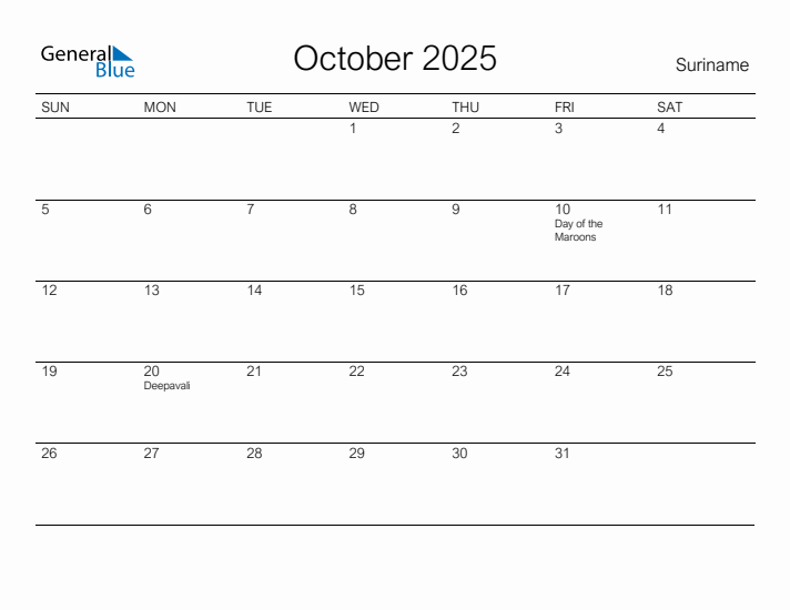 Printable October 2025 Calendar for Suriname