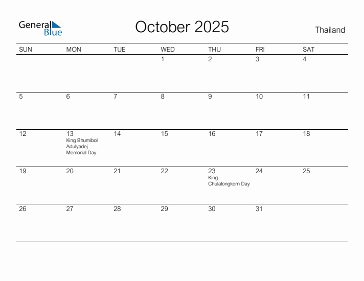 Printable October 2025 Calendar for Thailand