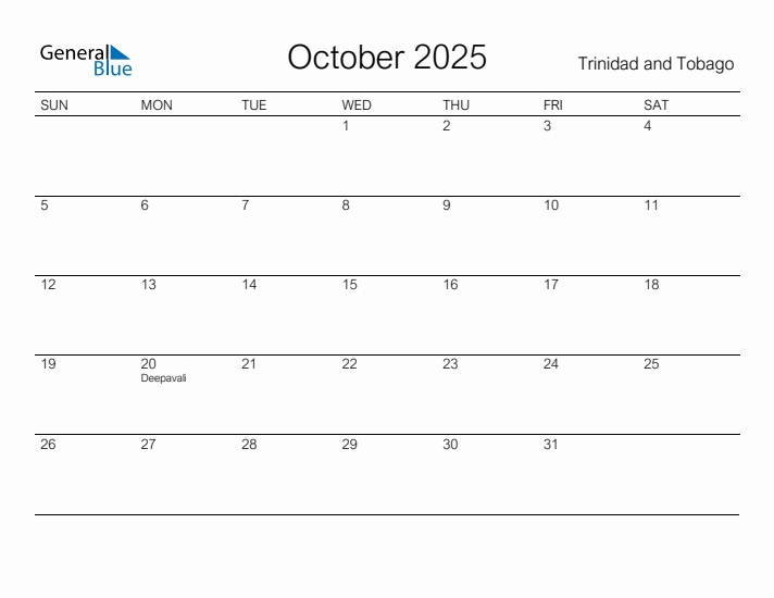 Printable October 2025 Calendar for Trinidad and Tobago