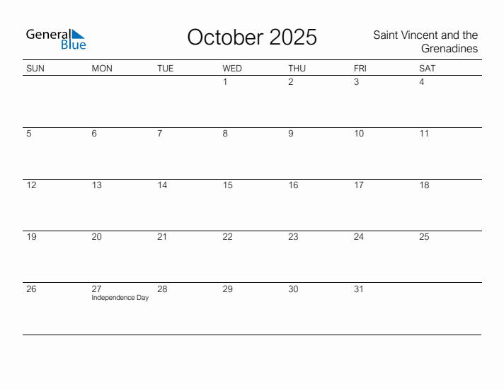 Printable October 2025 Calendar for Saint Vincent and the Grenadines