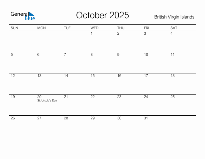 Printable October 2025 Calendar for British Virgin Islands