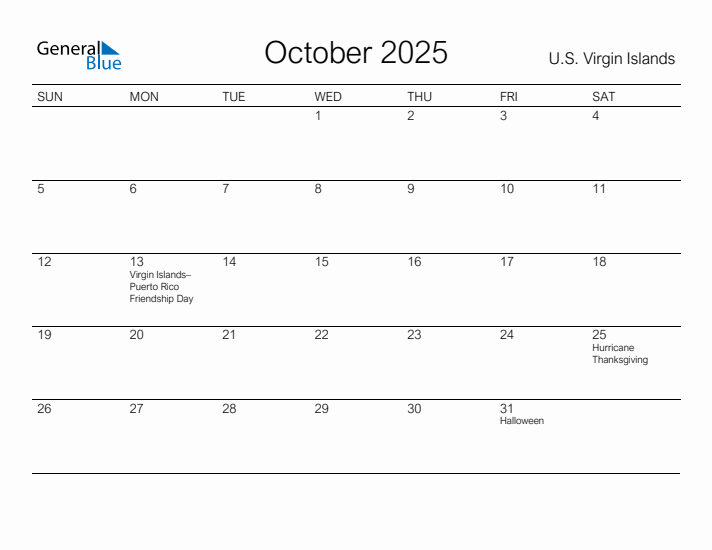 Printable October 2025 Calendar for U.S. Virgin Islands