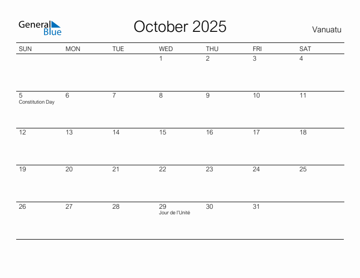 Printable October 2025 Calendar for Vanuatu