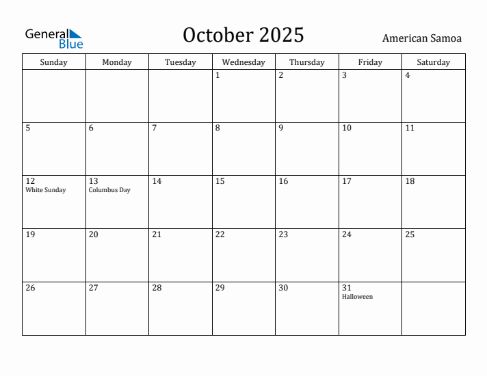 October 2025 Calendar American Samoa
