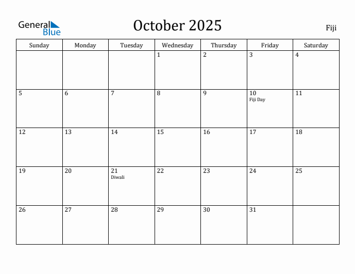 October 2025 Calendar Fiji