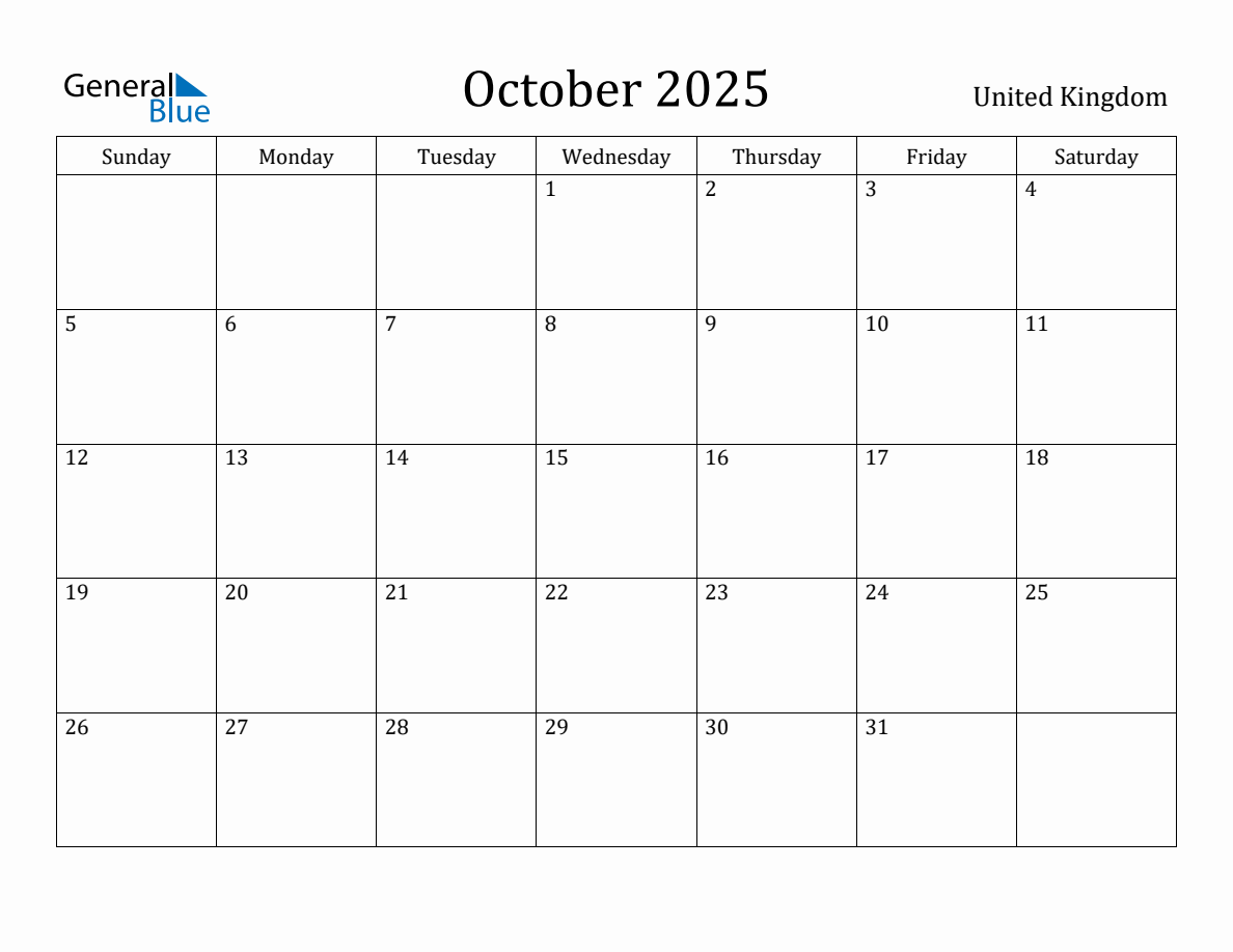 October 2025 monthly calendar with holidays in United Kingdom