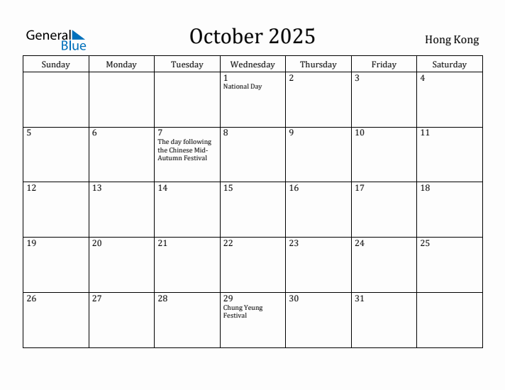 October 2025 Calendar Hong Kong