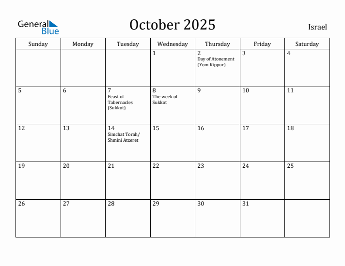 October 2025 Calendar Israel