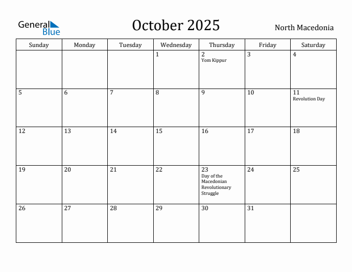 October 2025 Calendar North Macedonia